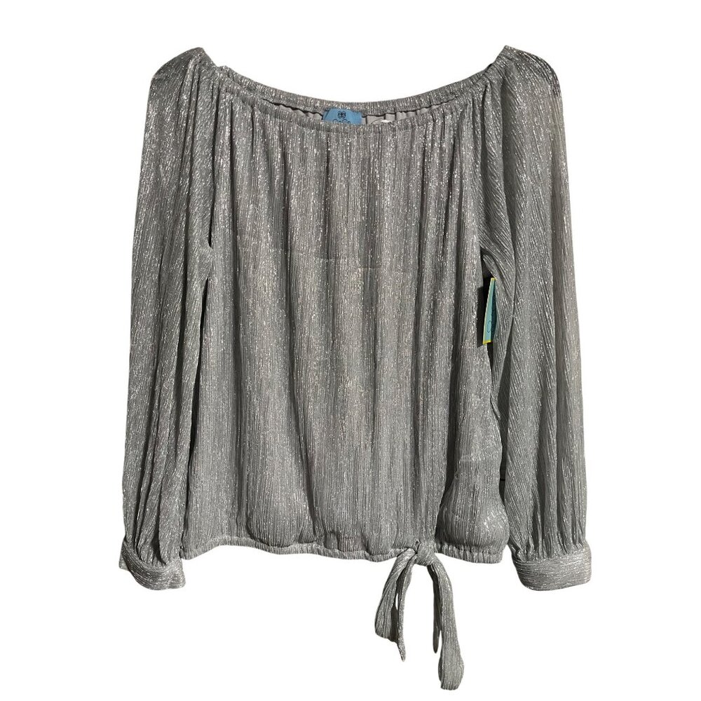 CeCe Womens Metallic Gray Long Sleeve Blouse Size Large Tie Hem Off Shoulder